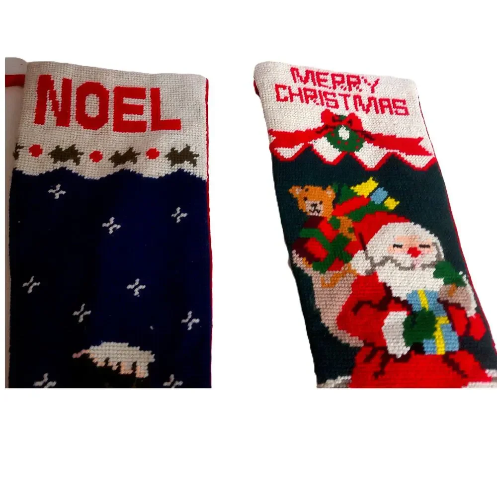 Vintage Needlepoint Christmas Stockings Santa & Snowman Set